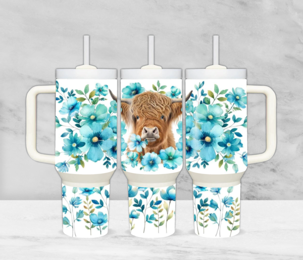 Highland Cow With Blue Flower Tumbler